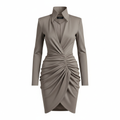 Silk-like Sheath Dress with Ruched Waist and High Collar Design