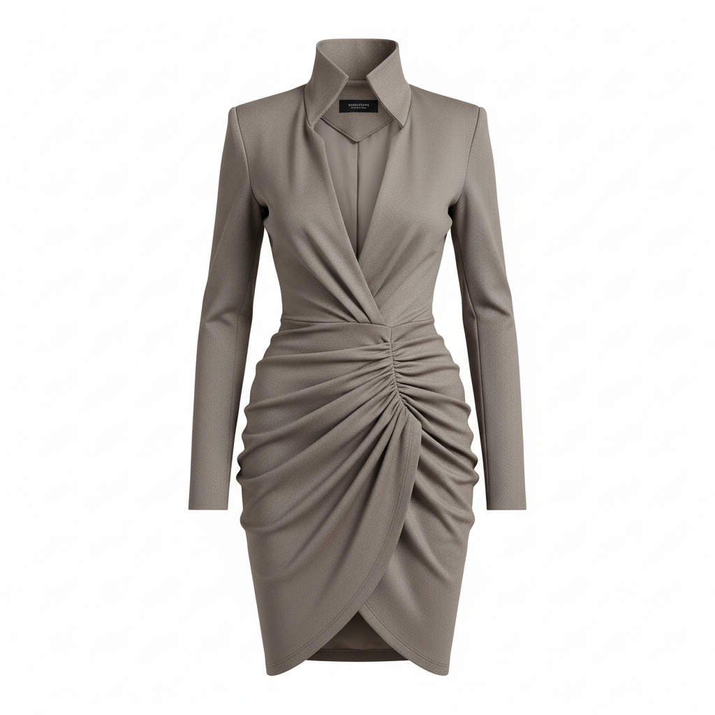 Silk-like Sheath Dress with Ruched Waist and High Collar Design