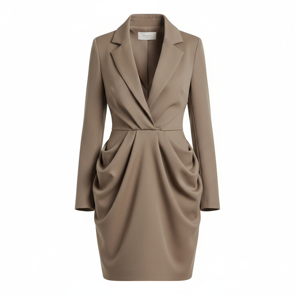 Silk Satin Wrap Blazer Dress with Draped Front and Long Sleeves