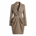 Silk Satin Wrap Blazer Dress with Draped Front and Long Sleeves