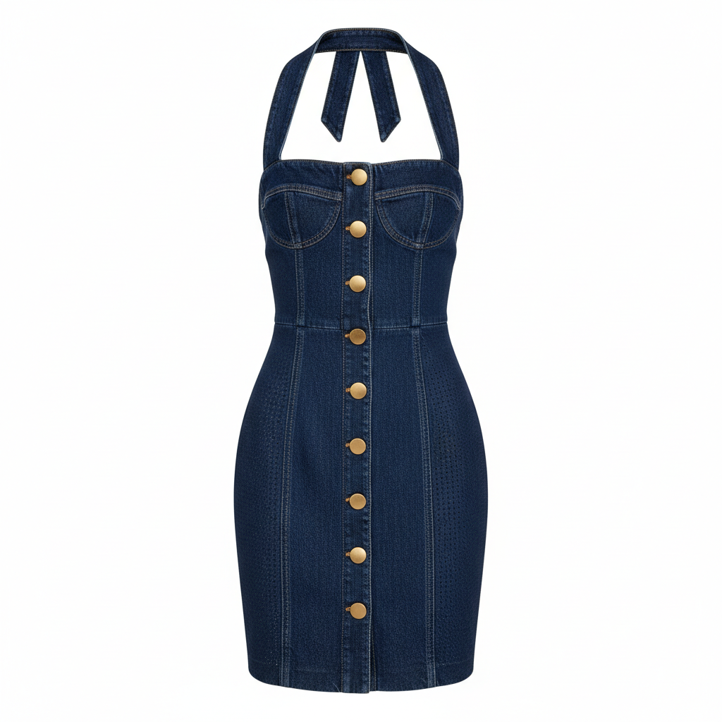 Denim Halter Button Front Bodycon Dress for Women