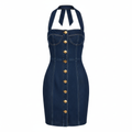 Denim Halter Button Front Bodycon Dress for Women