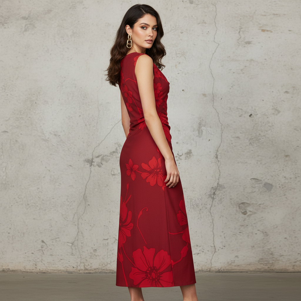 Silk-like Midi Dress with Floral Print V-Neck Sleeveless Bodycon Fit for Women