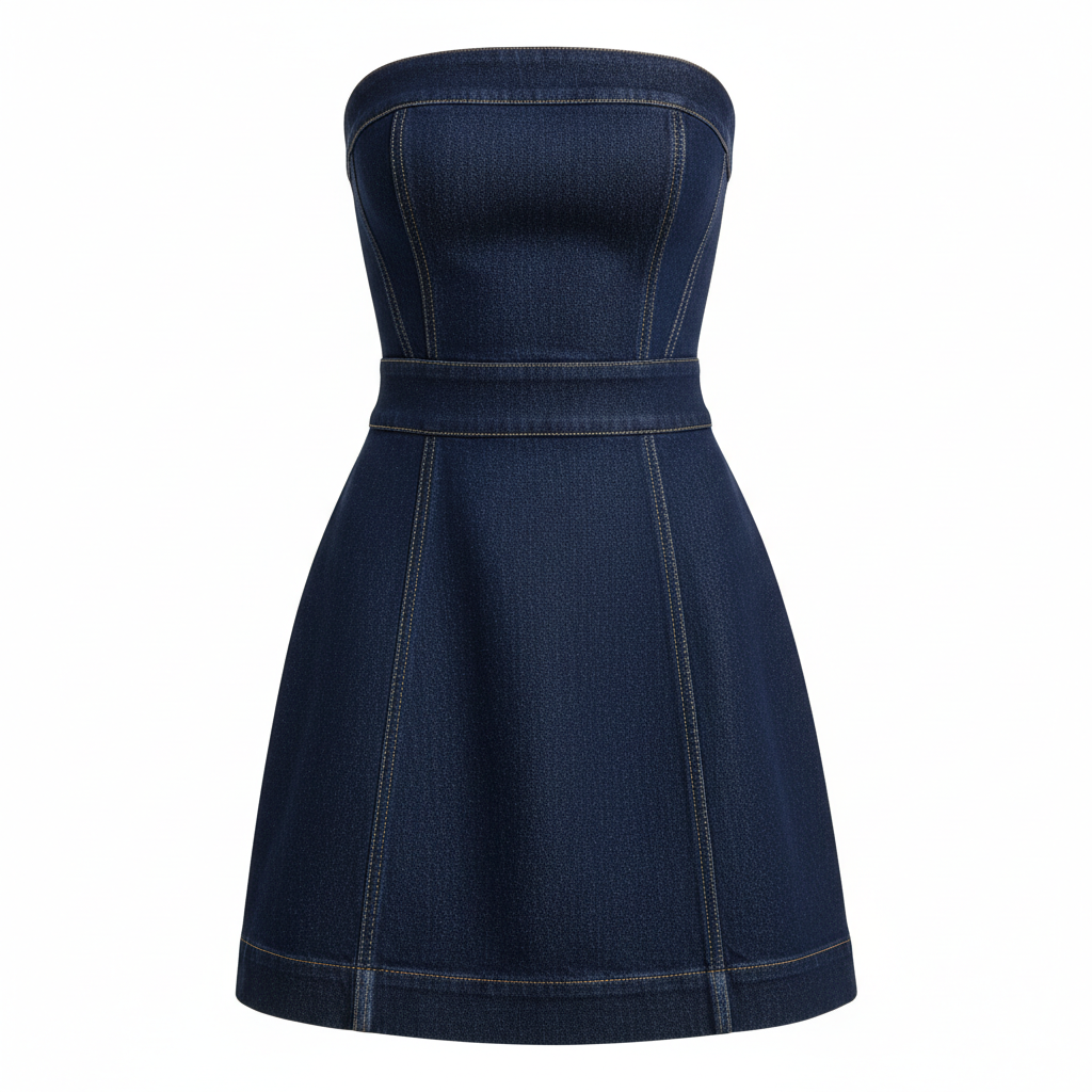Denim Strapless Bodycon Mini Dress with Structured Fit and Flared Hem