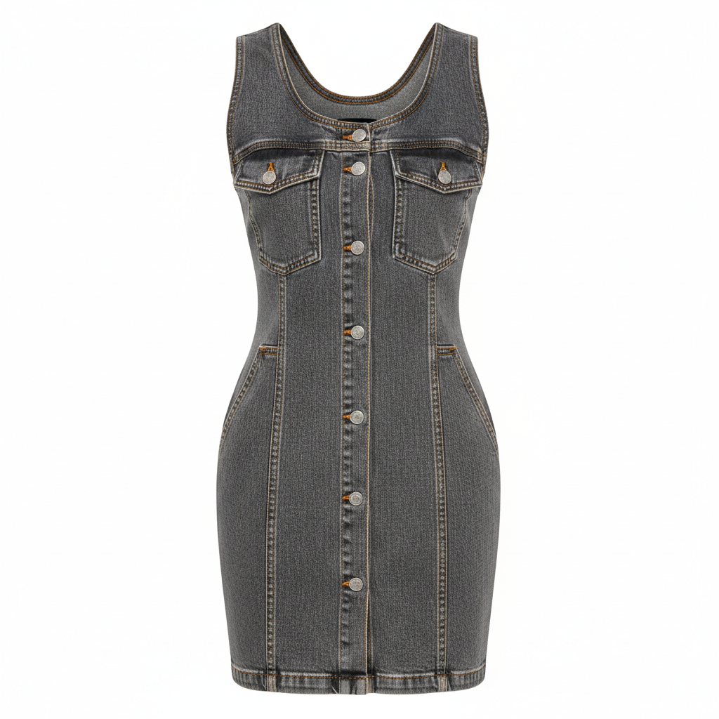 Denim Sleeveless Button-Down Bodycon Dress for Women