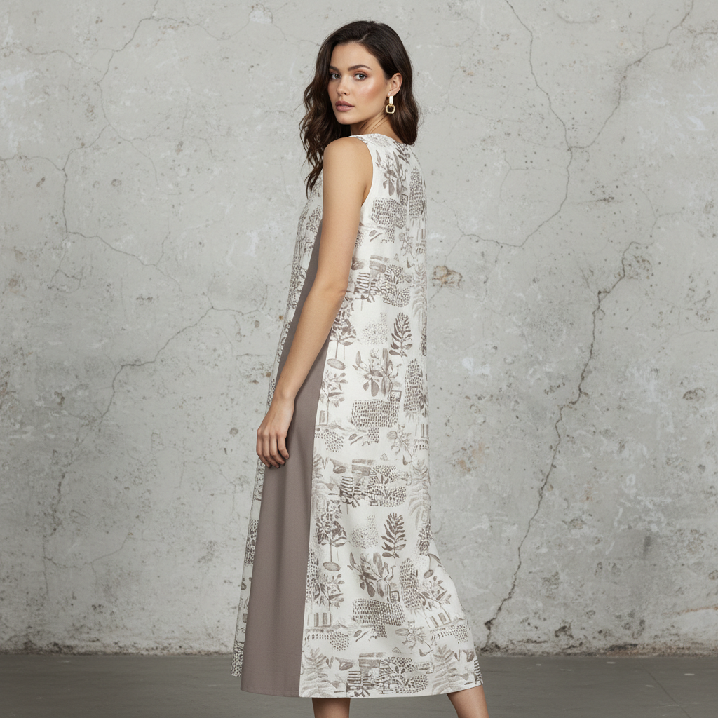 Silk-Blend Sleeveless Midi Dress with Botanical Print and Side Panels