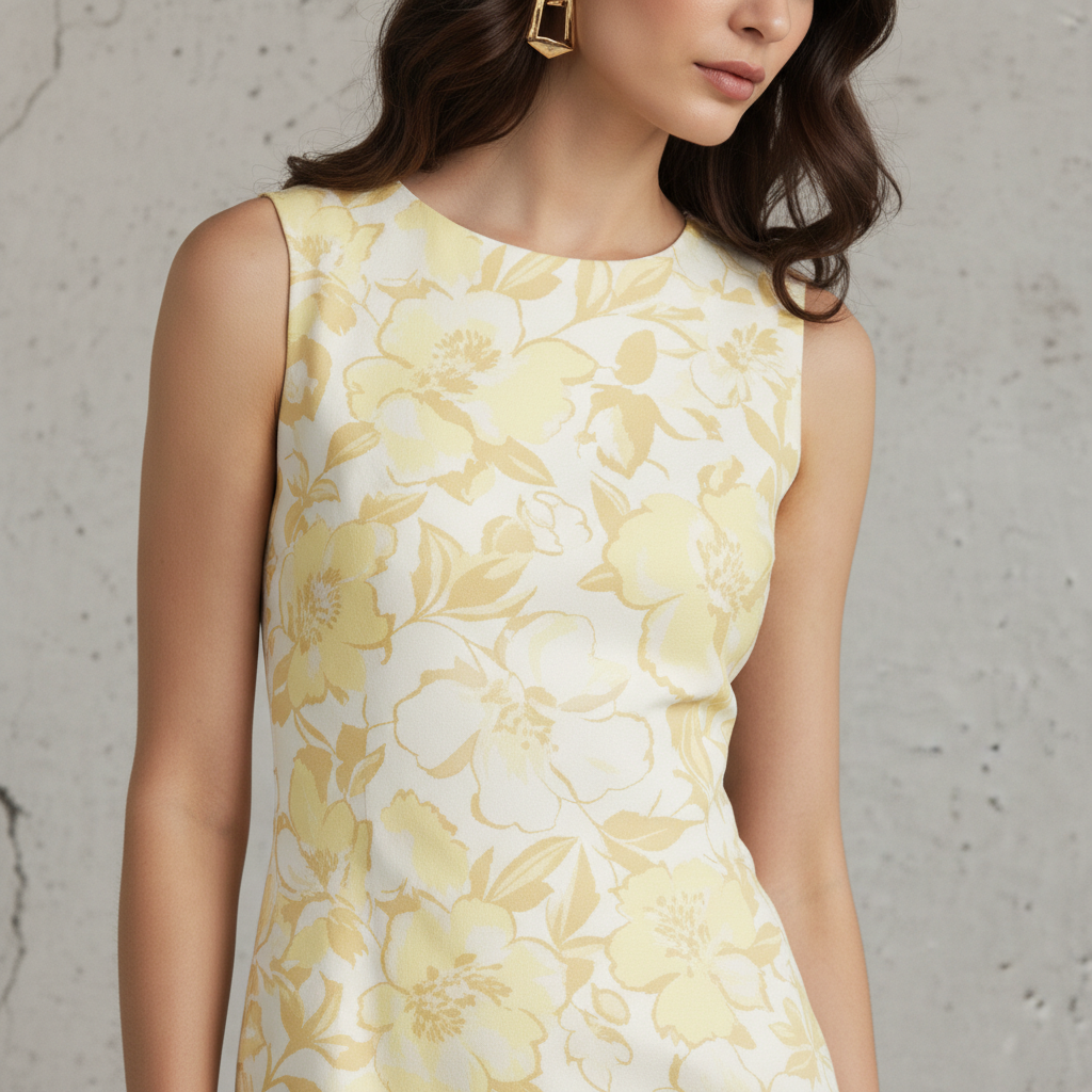 Silk-Like Sheath Dress with Yellow Floral Print - Elegant Mid-Length Sleeveless Women's Dress