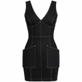 Denim Sleeveless V-Neck Bodycon Mini Dress with Pockets and Contrasting Stitching