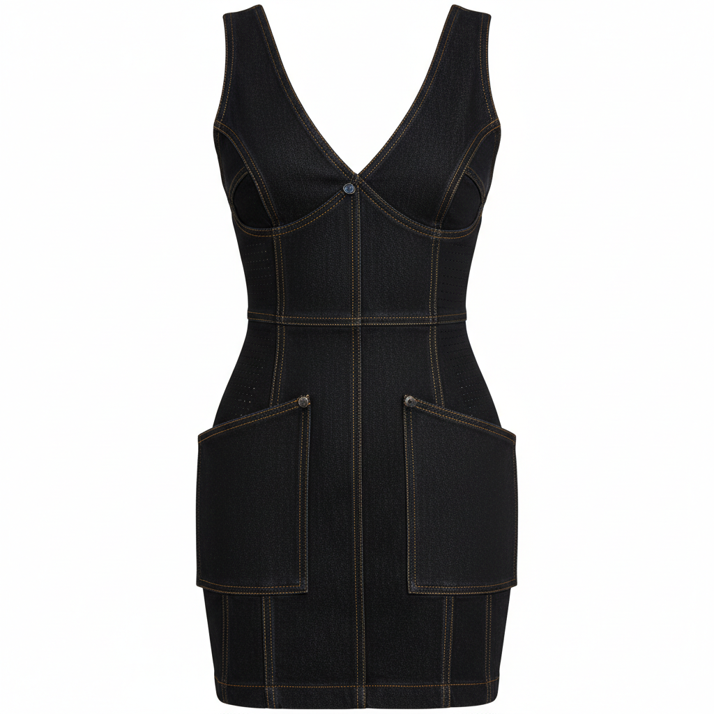 Denim Sleeveless V-Neck Bodycon Mini Dress with Pockets and Contrasting Stitching