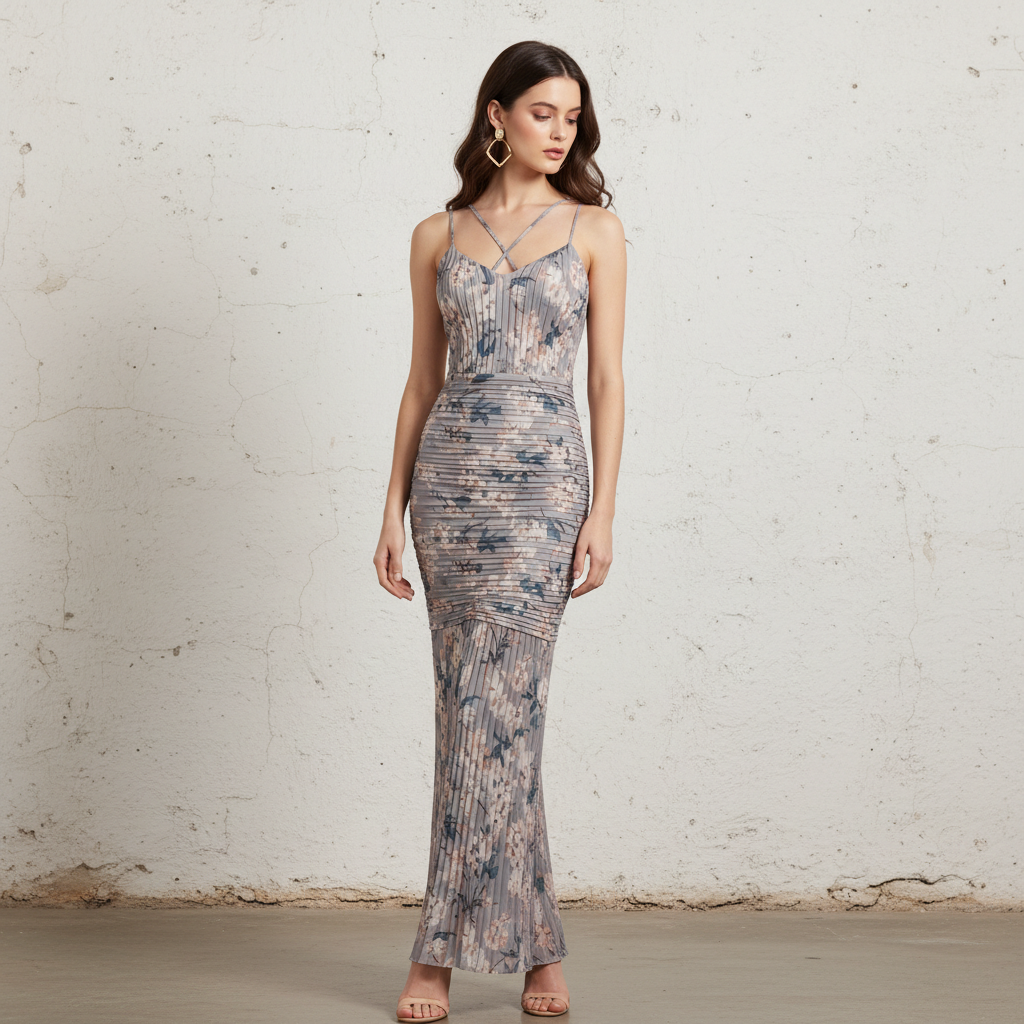 Floral Print Pleated Satin Maxi Dress for Women with Cross Strap Design and Bodycon Fit
