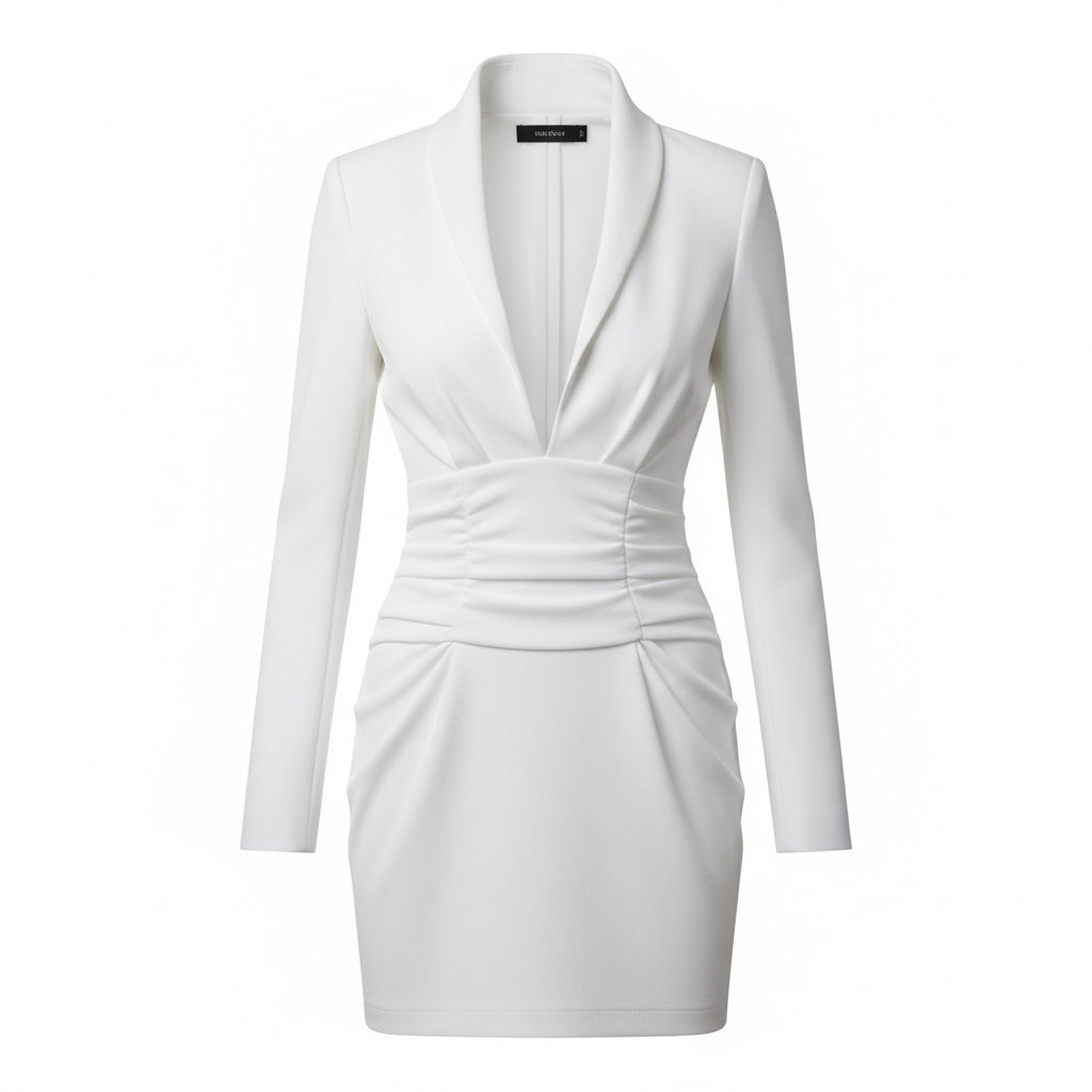 Silk-like White Bodycon Dress with Deep V-Neck and Long Sleeves