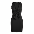 Polyester Spandex Bodycon Dress with Front Bow Detail - Deep V-Neck Sleeveless Mini Dress for Women