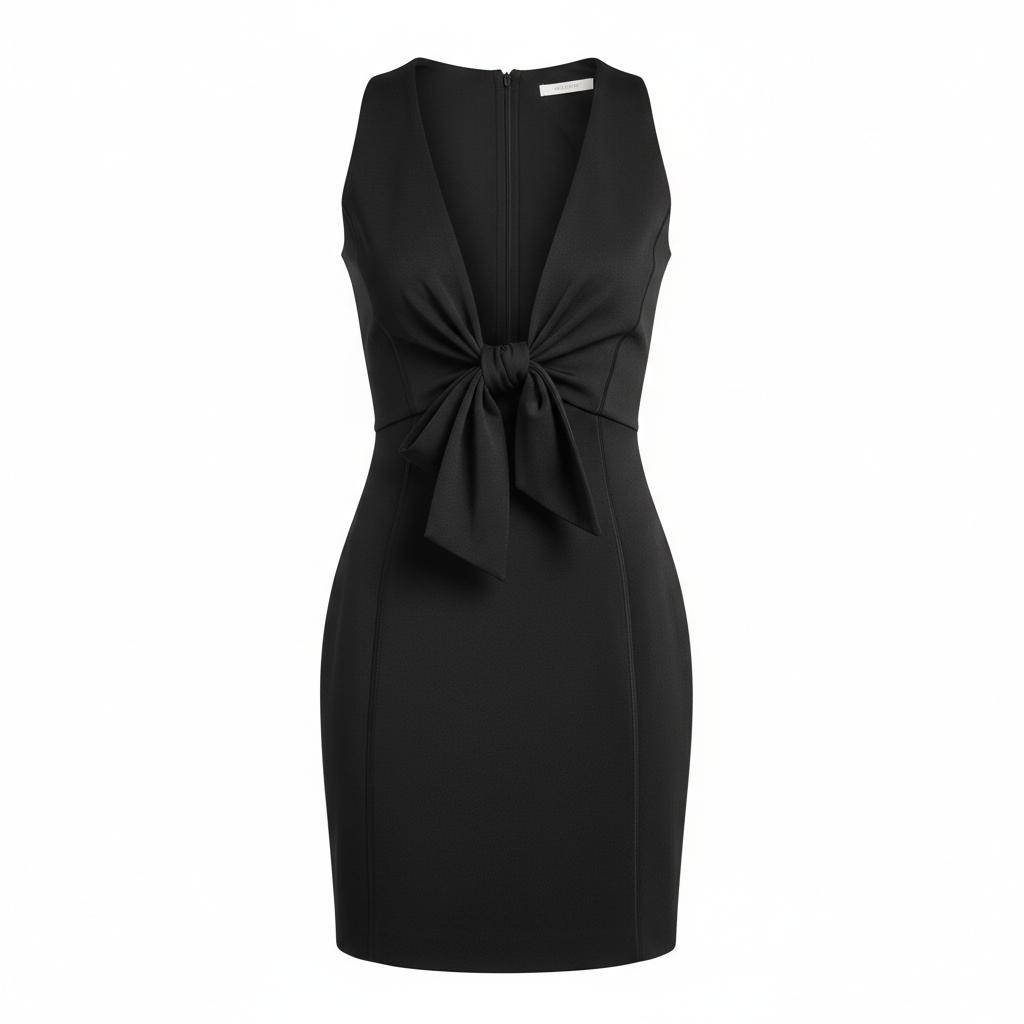 Polyester Spandex Bodycon Dress with Front Bow Detail - Deep V-Neck Sleeveless Mini Dress for Women