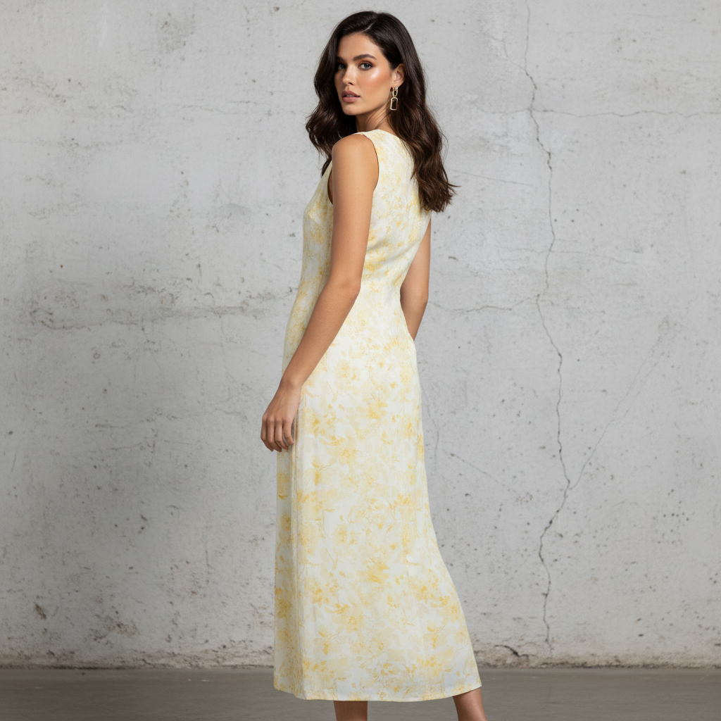 Silk-Like Sheath Dress with Floral Print Mid-Length Sleeveless Dress for Women