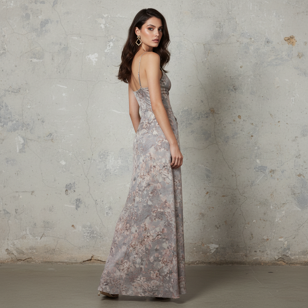 Silk-like Floral Print Maxi Dress with Draped Waist and Thin Straps