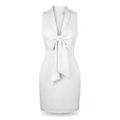 White Polka Dot Satin-Like Sleeveless Bodycon Dress with Bow Tie Neckline