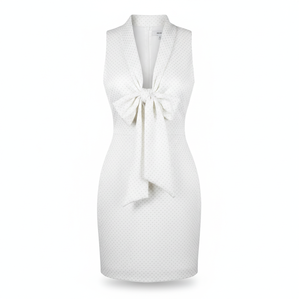 White Polka Dot Satin-Like Sleeveless Bodycon Dress with Bow Tie Neckline