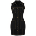 Denim Sleeveless Button-Down Bodycon Dress with Contrast Stitching and Pockets