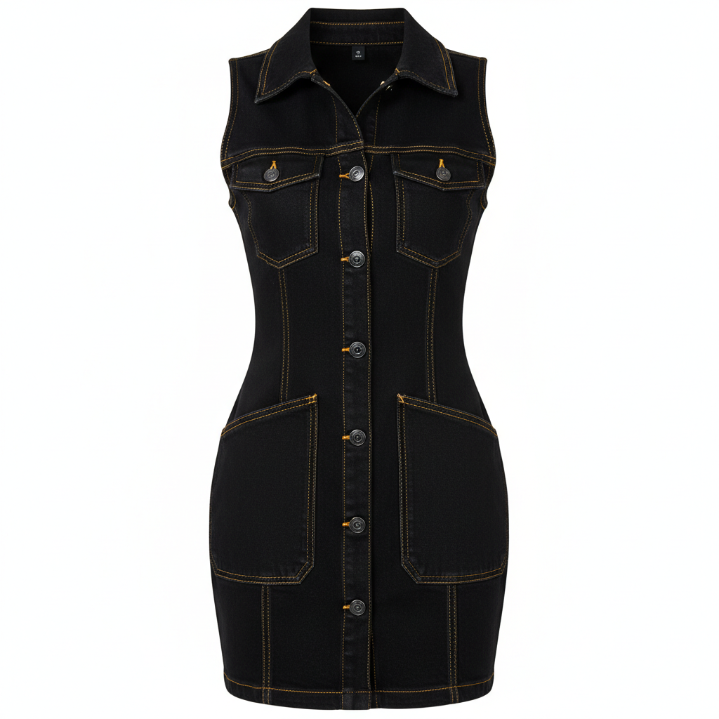 Denim Sleeveless Button-Down Bodycon Dress with Contrast Stitching and Pockets