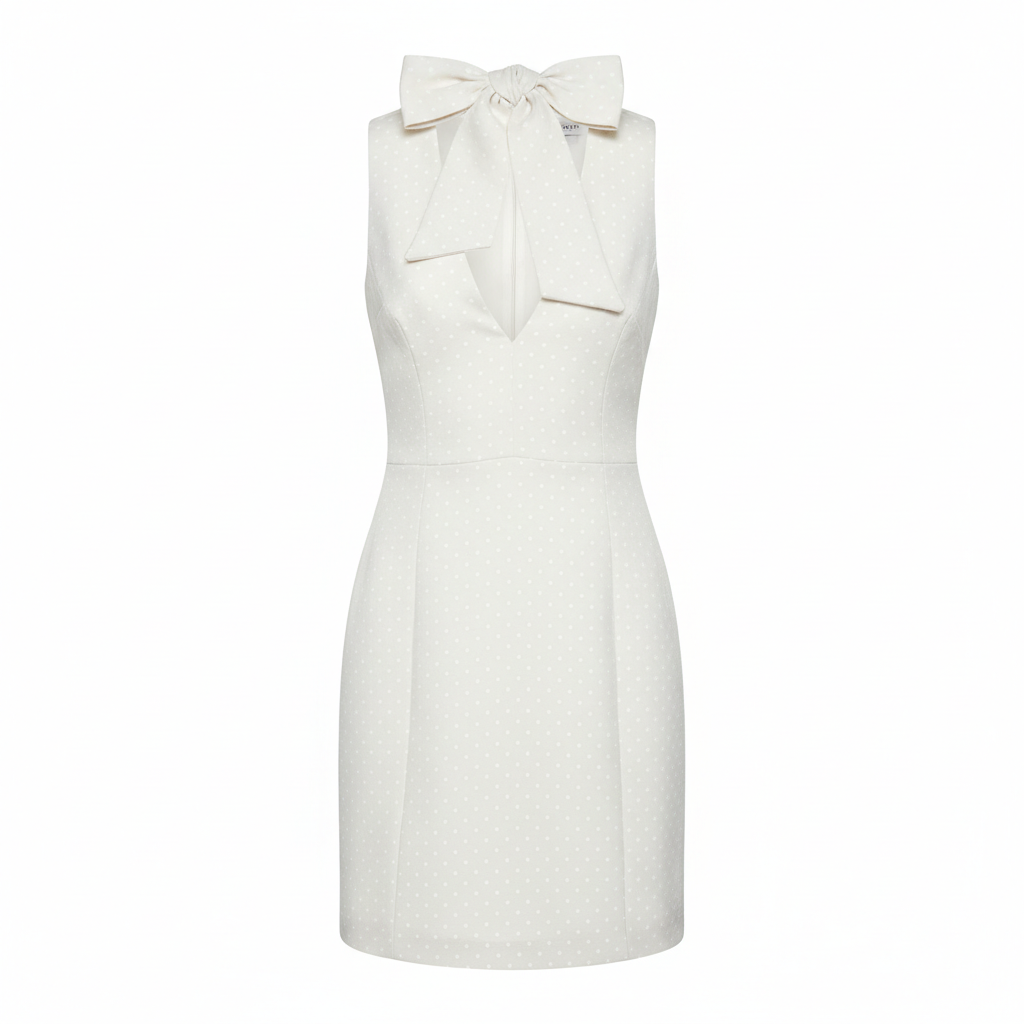 Polka Dot Sheath Dress with Bow Neckline in Polyester Fabric