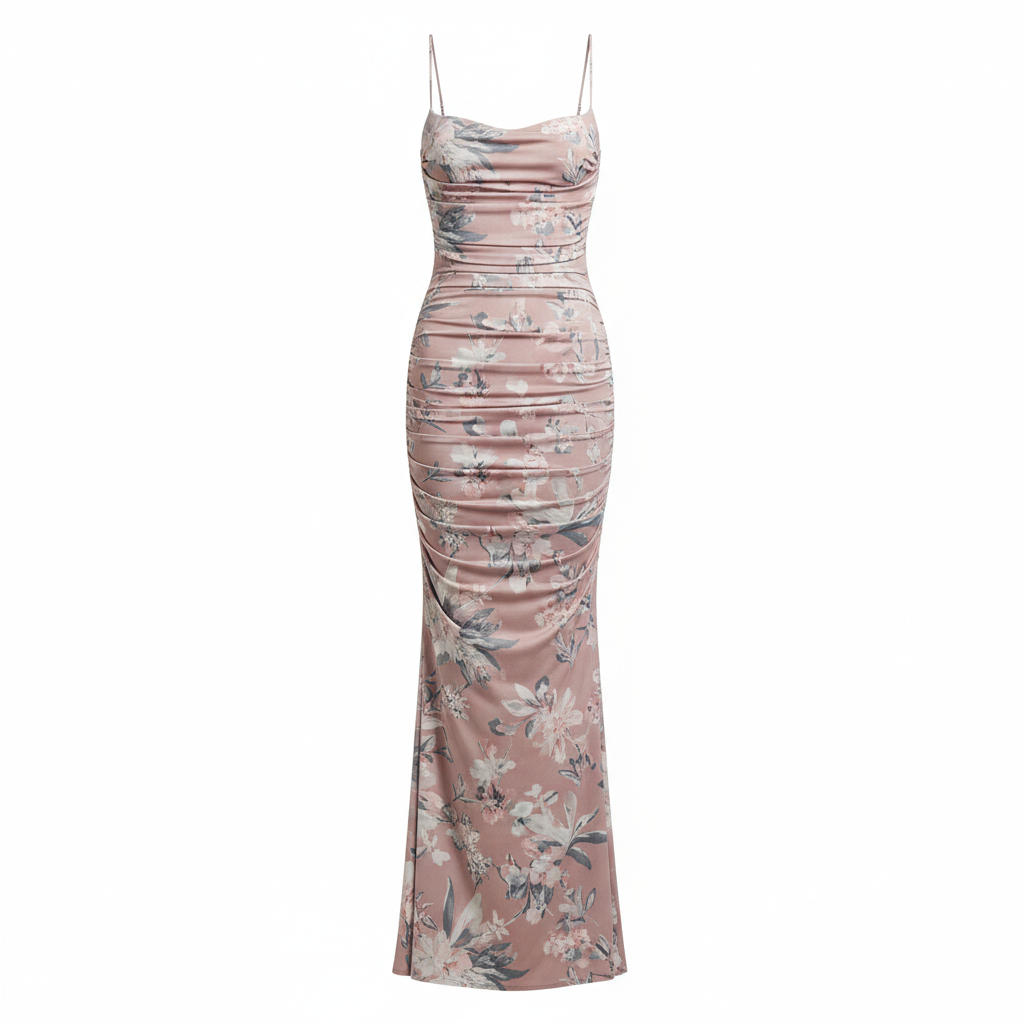Silk-like Floral Print Bodycon Midi Dress for Women Elegant Ruched Sleeveless Party Dress