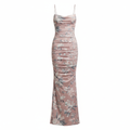 Silk-like Floral Print Bodycon Midi Dress for Women Elegant Ruched Sleeveless Party Dress