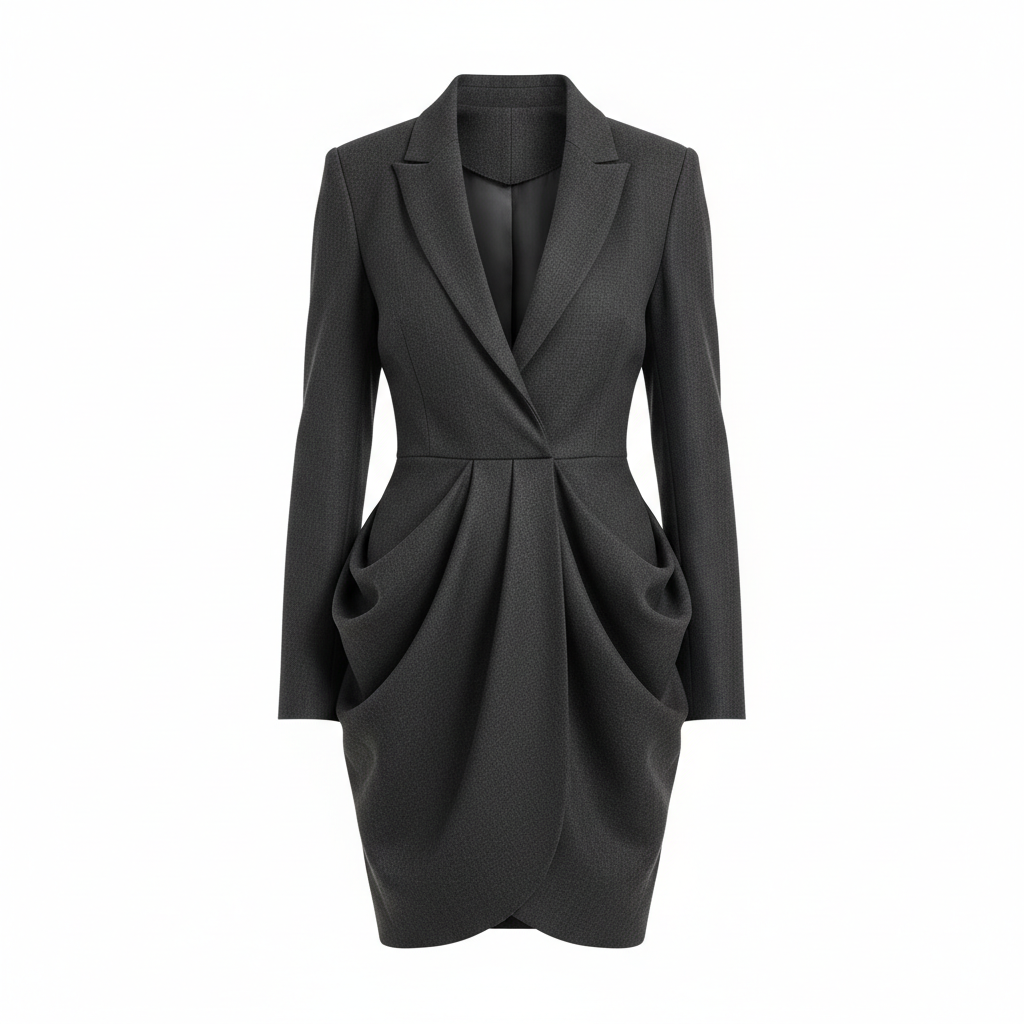 Womens Black Blazer Dress with Draped Front Design in Polyester Fabric