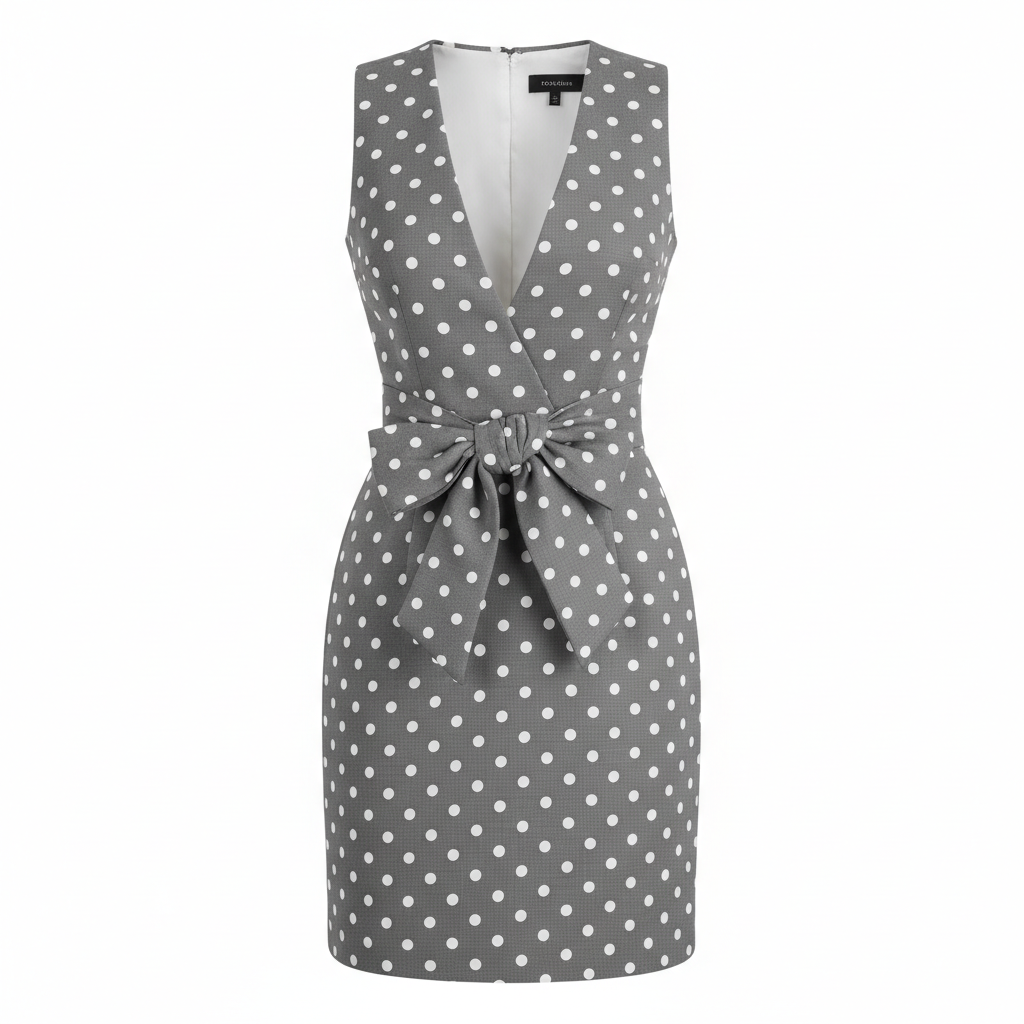 Polka Dot Sheath Dress with Bow Tie Waist in Polyester Fabric for Women