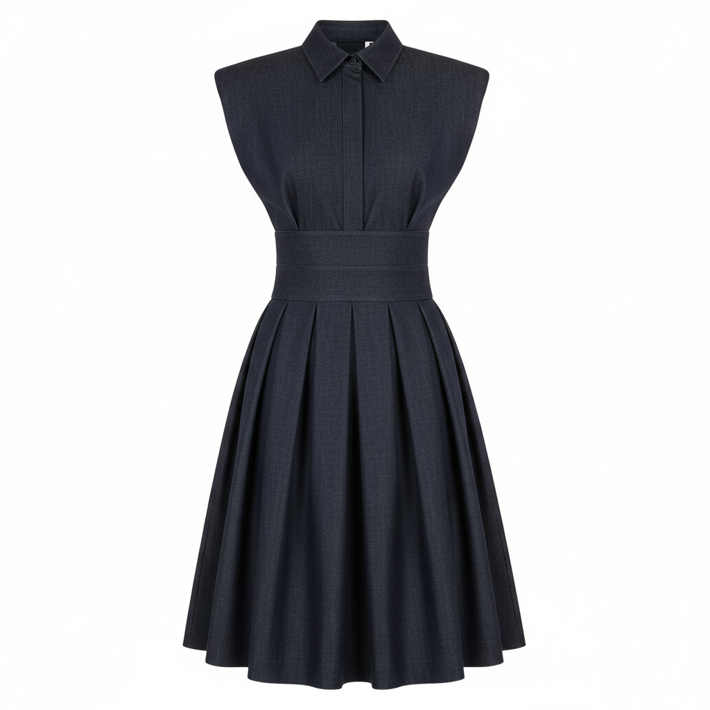 Woven Polyester Midi Dress with Collar and Pleated Skirt