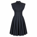 Woven Polyester Midi Dress with Collar and Pleated Skirt