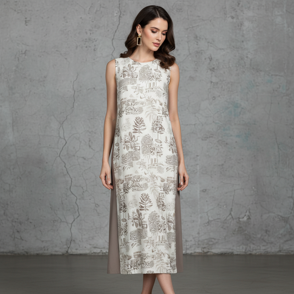 Silk-Blend Sleeveless Midi Dress with Botanical Print and Side Panels