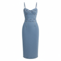 Denim Bodycon Midi Dress with Straps and Pockets