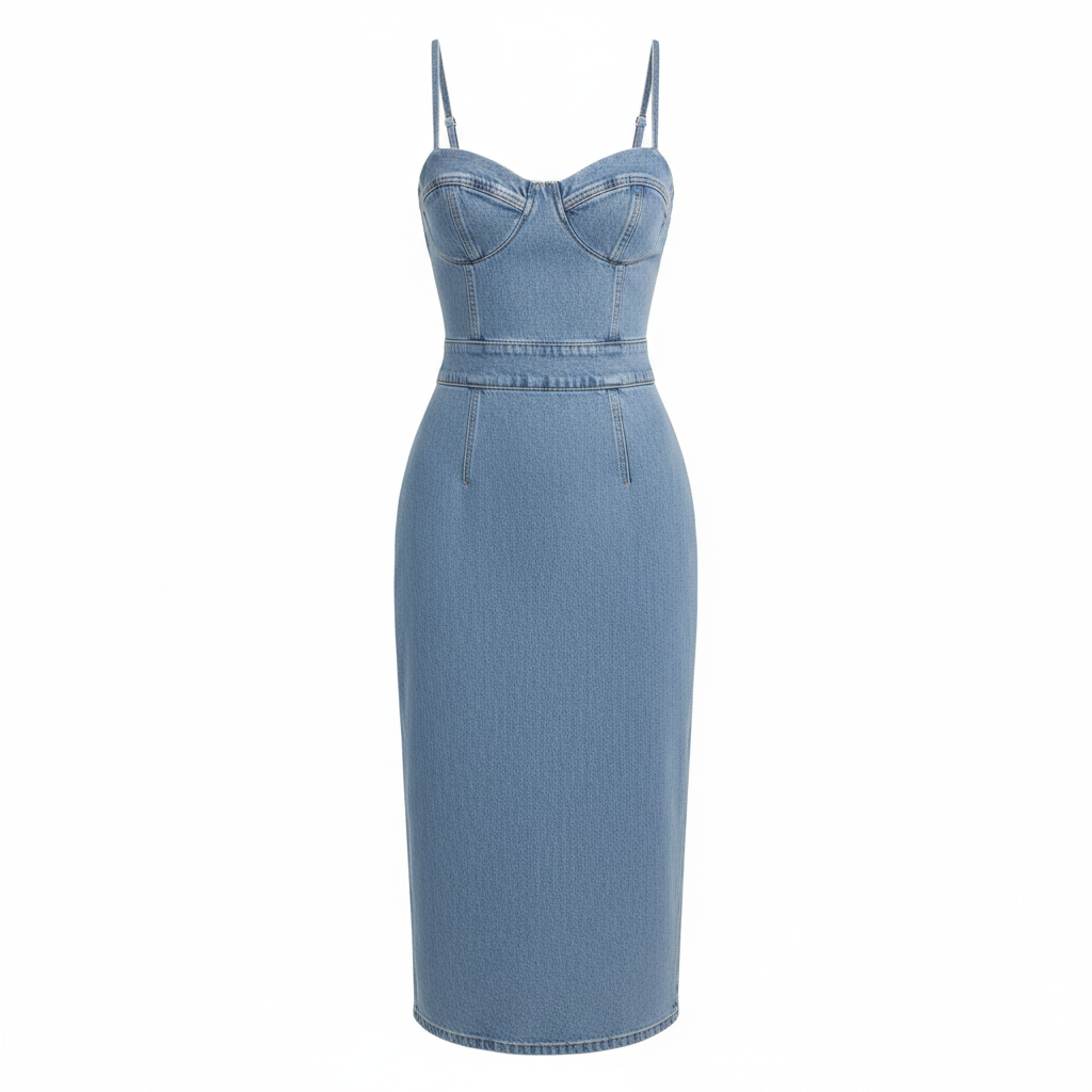 Denim Bodycon Midi Dress with Straps and Pockets