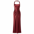 Silk Satin Halter Neck Long Dress with Front Twist Detail and High Slit