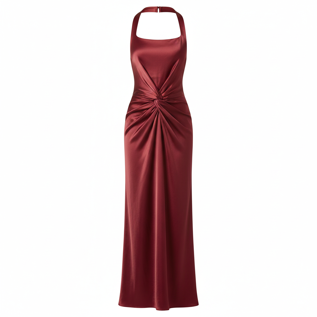 Silk Satin Halter Neck Long Dress with Front Twist Detail and High Slit