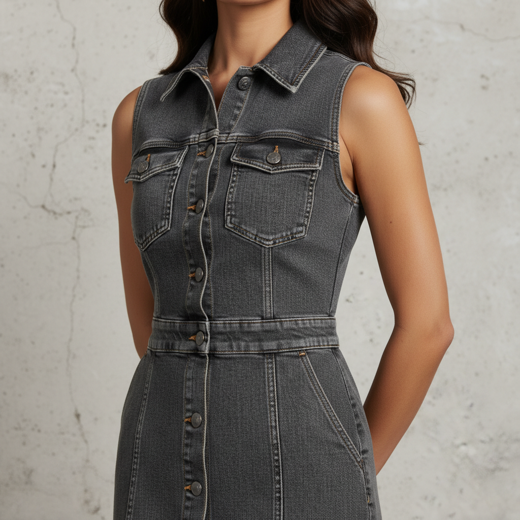Denim Sleeveless Button-Down Bodycon Dress for Women