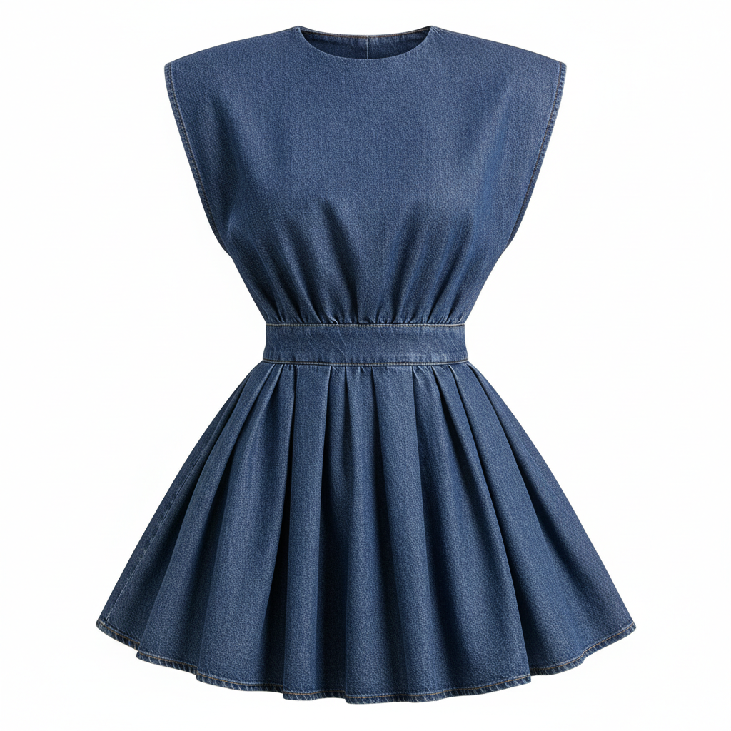 Denim Sleeveless A-Line Dress with Pleated Skirt for Women