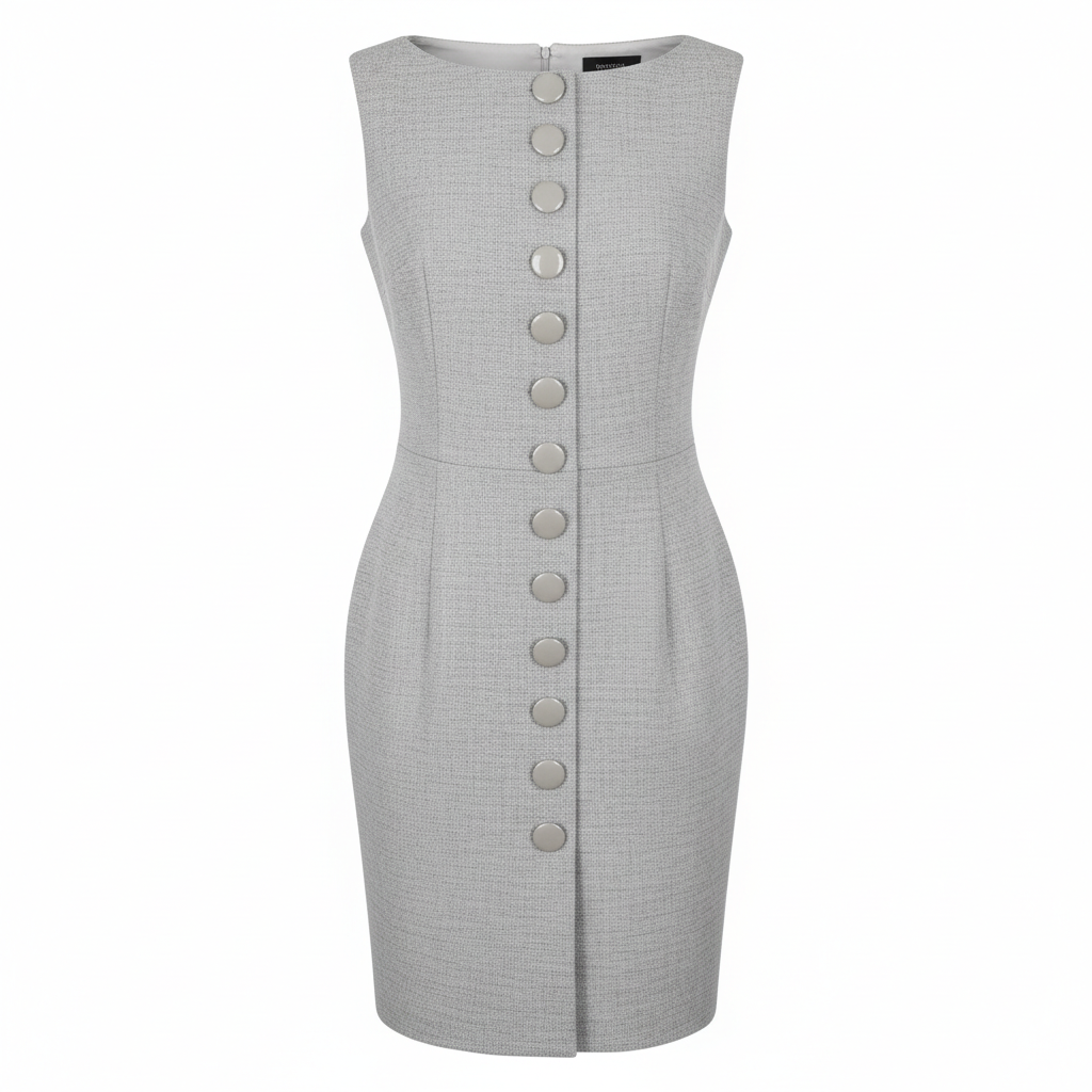 Wool Blend Sheath Dress with Front Button Detail and Fitted Silhouette for Professional Wear