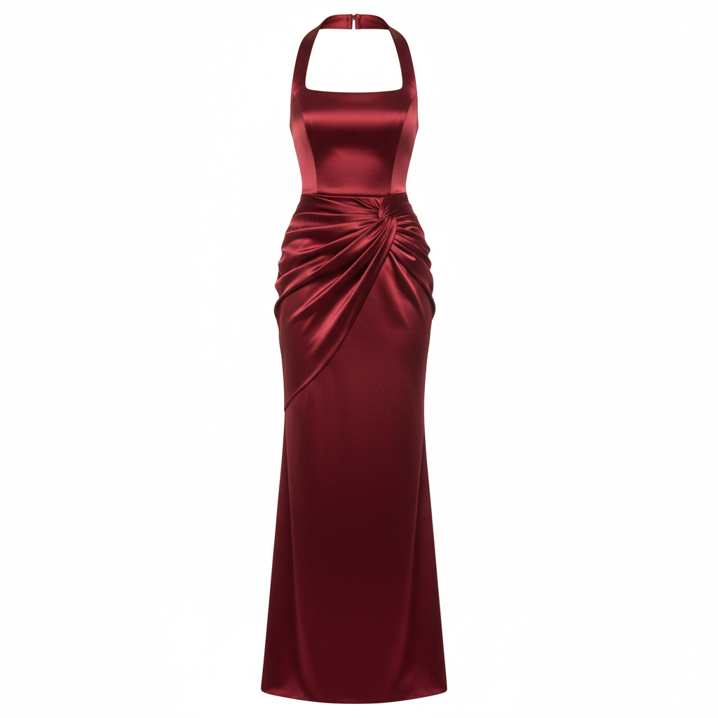 Silk Satin Halter Neck Long Dress with Draped Detailing for Formal Events