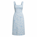 Light Blue Floral Print Satin Midi Dress for Women Elegant Square Neckline Fitted Bodycon Dress