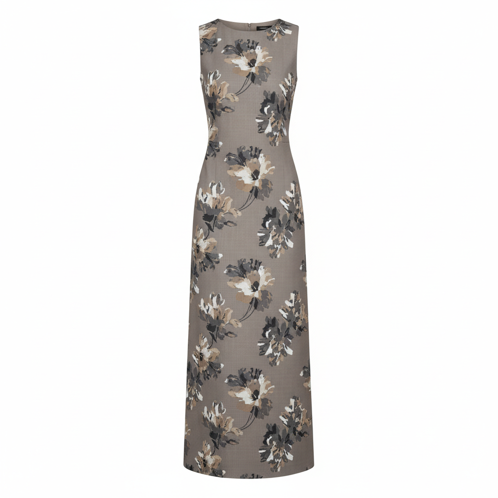 Polyester Blend Floral Print Sleeveless Fitted Midi Dress for Women Elegant Work to Evening Wear