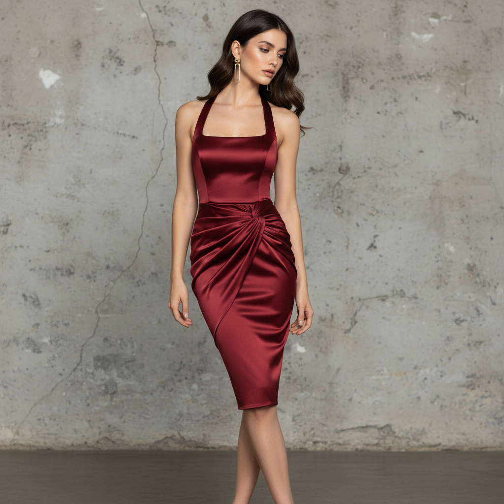 Silk Satin Halter Neck Long Dress with Draped Detailing for Formal Events