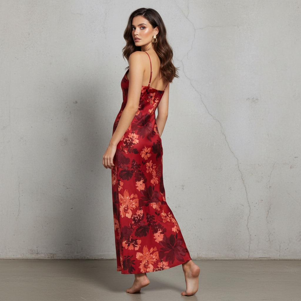 Silk Satin Floral Print Slip Dress for Women - Elegant V-Neck Midi Length Bodycon Dress with Thin Straps