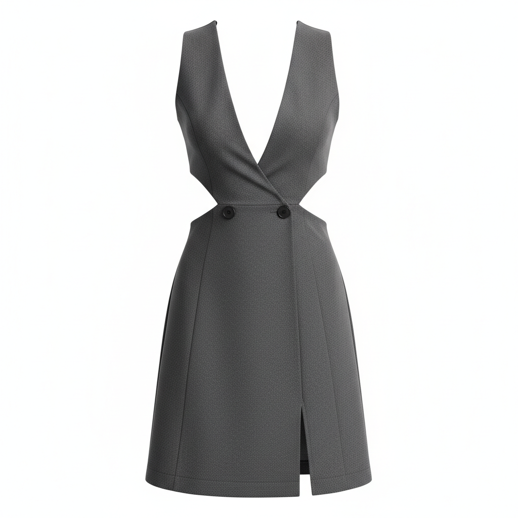 Polyester Blend Sleeveless Deep V-Neck Cut-Out Mini Dress with Front Slit and Double Button Detail