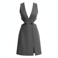 Polyester Blend Sleeveless Deep V-Neck Cut-Out Mini Dress with Front Slit and Double Button Detail