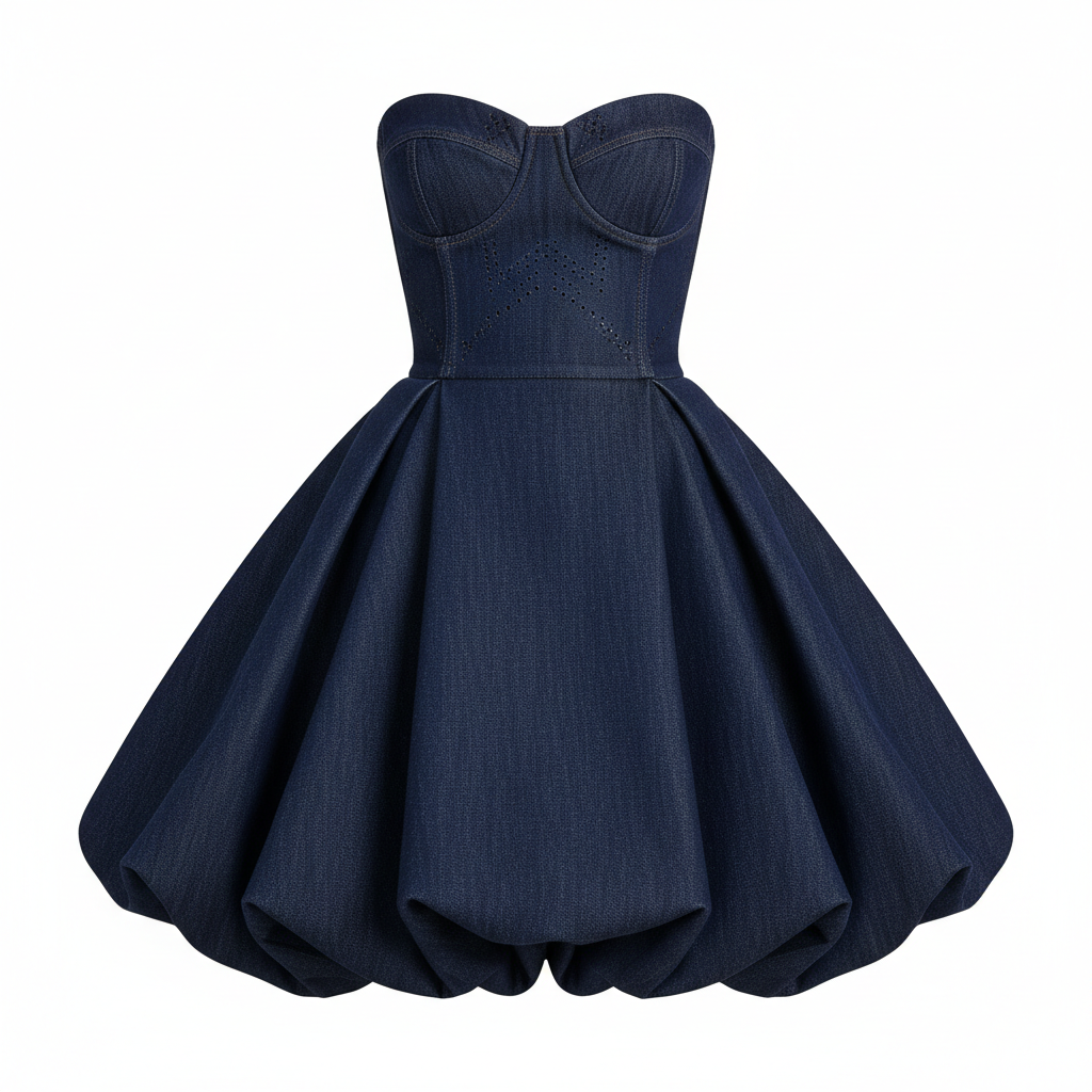 Denim Strapless Corset Dress with Flared Skirt for Women