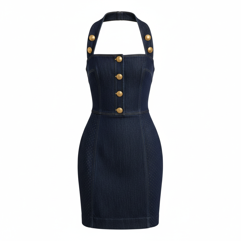 Denim Halter Neck Button Front Bodycon Dress for Women