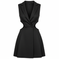 Polyester Sleeveless Cut-Out Blazer Dress with Double Button Front and Flared Skirt