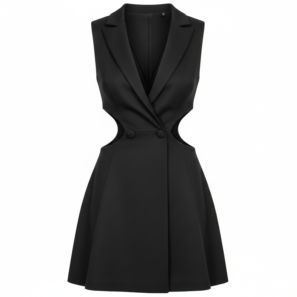 Polyester Sleeveless Cut-Out Blazer Dress with Double Button Front and Flared Skirt