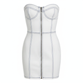 White Denim Strapless Bodycon Dress with Front Zipper and Contrasting Stitching
